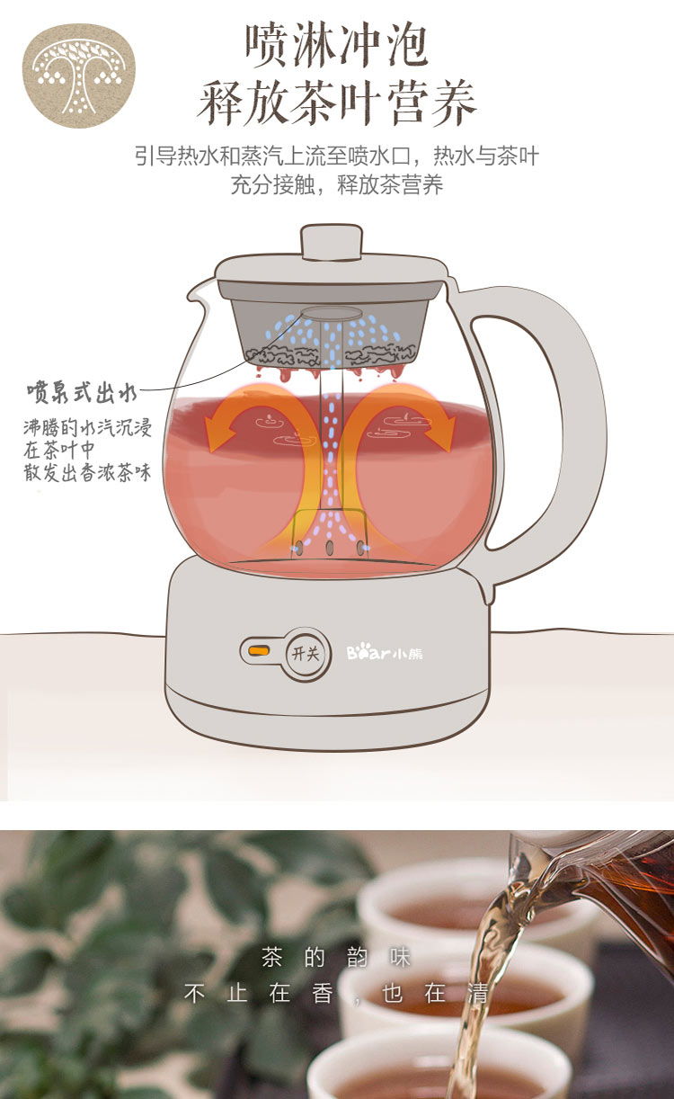 bear小熊养生壶家用电器全自动加厚玻璃蒸茶壶煮茶器煮茶壶zcqa10q1