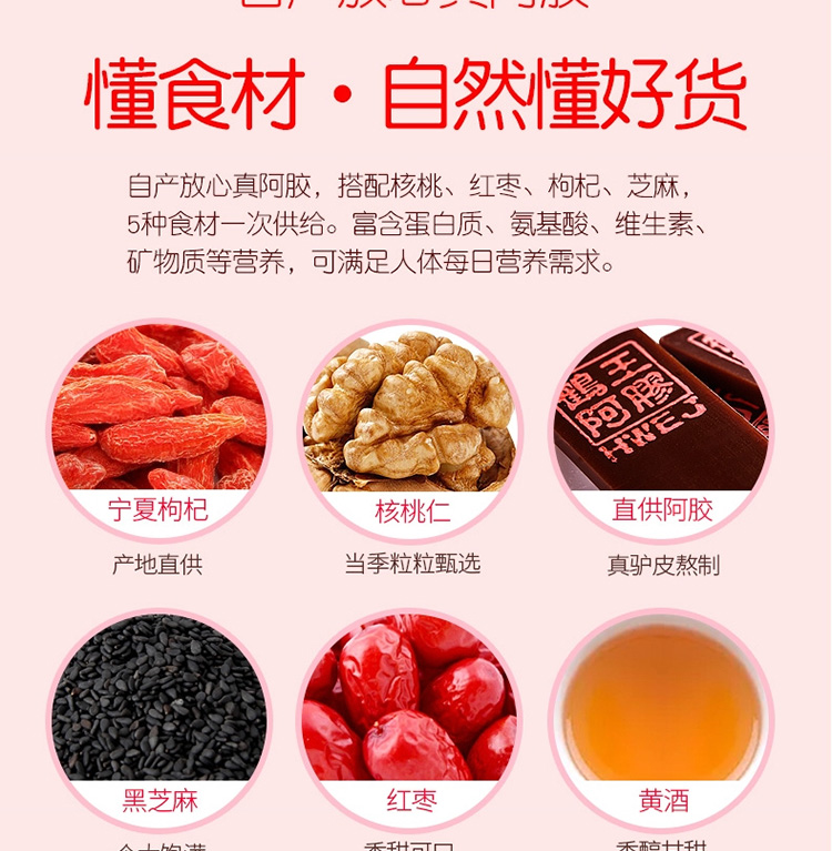 女士,男士,老人,孕婦,通用配料表:黑芝麻,核桃仁,冰糖,黃酒,阿膠儲藏